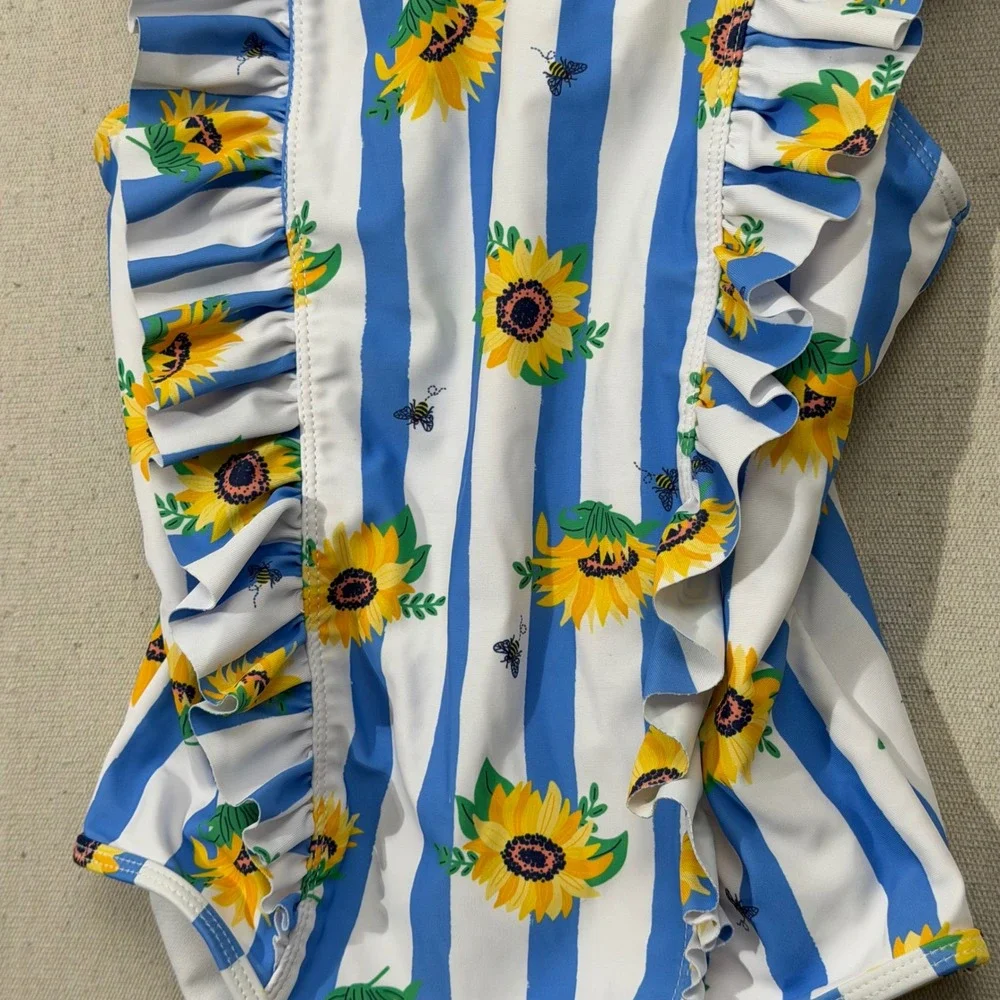 Tommy Bahama One Piece Swimsuit Girls 10 Blue Sunflower Ruffle Striped Bee Print